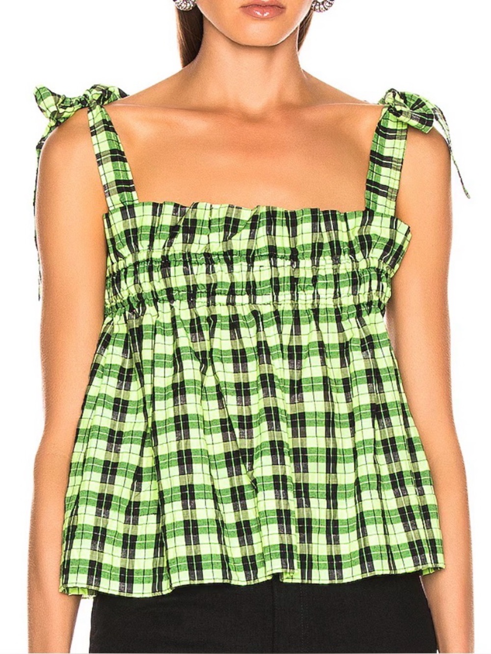 GANNI SEERSUCKER CHECKED TOP GREEN BLACK PLAID SLEEVELESS SMOCKED TOP SZ 42/10